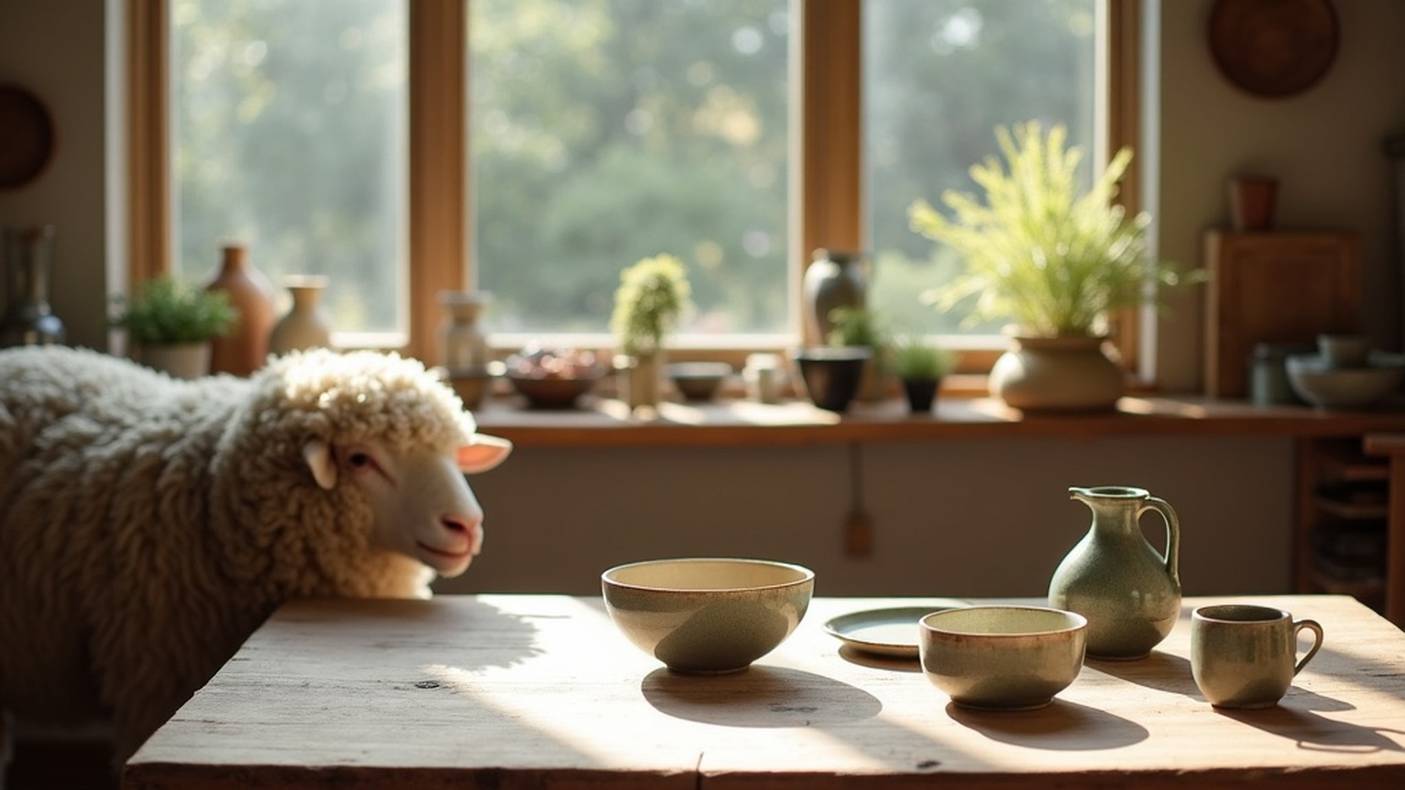 Handmade pottery in a sunlit studio